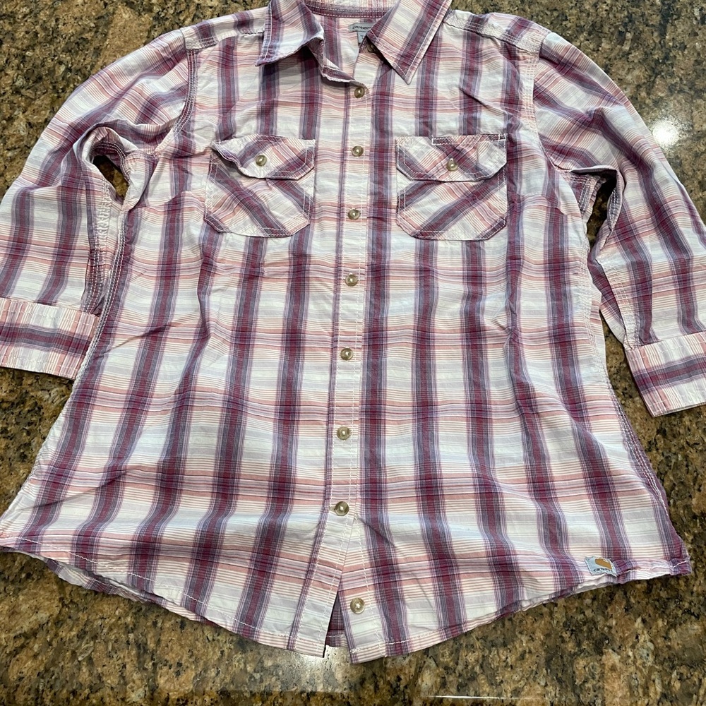 Carhartt 3/4” Roll Tab Sleeve Plaid Button Down Top